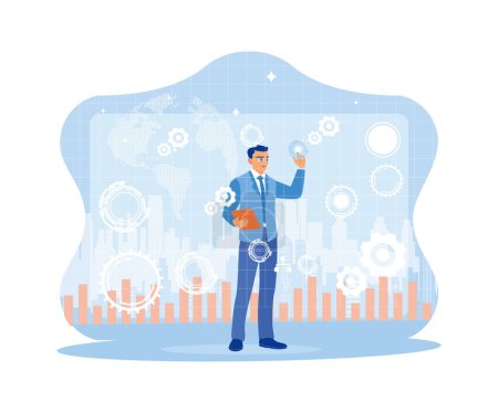 Illustration for Businessman standing against an abstract cityscape background. Using tablets with digital business interfaces globally. Concept of hi-tech and communication. trend flat vector modern illustration - Royalty Free Image