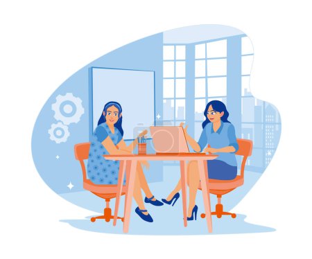 Illustration for The businesswoman is working at the computer. A team of people sitting at a desk with laptops. flat vector modern illustration - Royalty Free Image