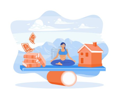 Illustration for Young woman doing yoga on a seesaw. Maintain a balance between the house model and the pile of books. House Model Balance Equilibrium Concept. Flat vector illustration. - Royalty Free Image