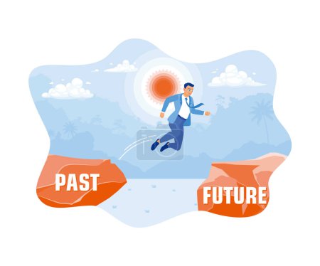People in business jump from the cliff of the past to the future during the day. Self improvement concept. flat vector modern illustration