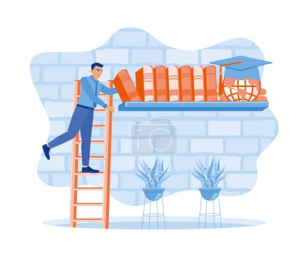 A young man climbs the stairs to get a book on the bookshelf. Educational process to achieve success. Education concept. Flat vector illustration.