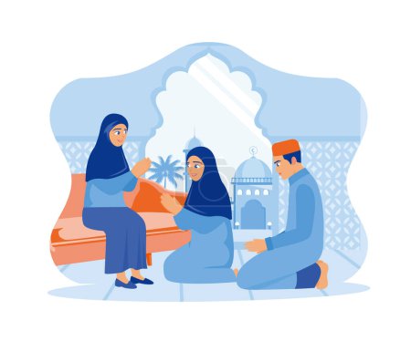 Ilustración de Mamá se sienta en el sofá de la casa. Los niños se arrodillaron y se disculparon. Feliz concepto de Eid Mubarak. vector plano ilustración moderna - Imagen libre de derechos