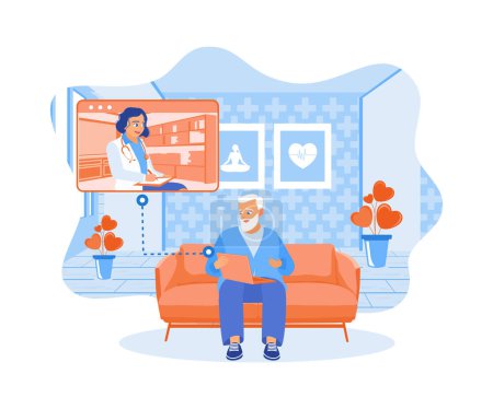 Ilustración de Un hombre mayor está sentado consultando con un médico en línea usando una computadora portátil. Doctor hablando con el concepto de paciente anciano. Ilustración vectorial plana. - Imagen libre de derechos