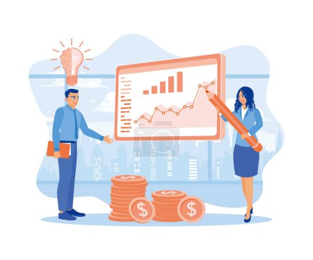 Illustration for Managers and assistants develop new ideas. Analyzing finances on the projector screen. Business Idea concept. Flat vector illustration. - Royalty Free Image