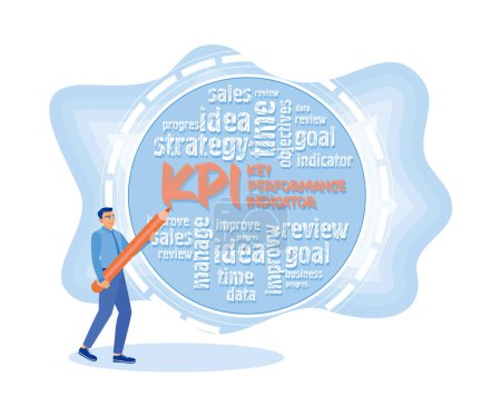 Illustration for Businessman writing key performance indicators word cloud on screen. Smart KPI concept. flat vector modern illustration - Royalty Free Image