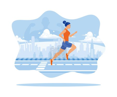 Illustration for Women are exercising and running on city streets with a view of urban buildings. Fitness people. Self-improvement concept. Flat vector illustration. - Royalty Free Image