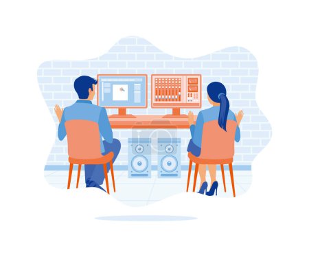 Video editor with female coworker working in front of the two-screen computer. Working on post-production in the creative loft office. Video Editor concept. Flat vector illustration.