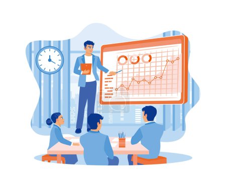 CEO businessman displays product sales graphic data on a projector screen. Discuss revenue growth strategies. Business analysis concept. Flat vector illustration.