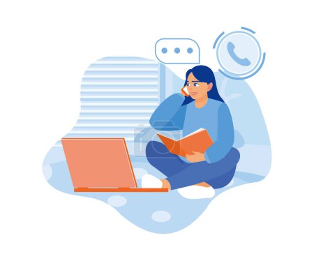 Illustration for A beautiful girl is sitting on the bed, reading a book and making a call from her smartphone. Woman with phone calling to customer support service concept. flat vector modern illustration - Royalty Free Image