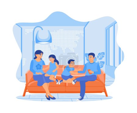 Padres felices e hijos sentados juntos en el sofá. Juegan y ríen juntos en casa. Un par de conceptos de padres felices y divertidos. Ilustración vectorial plana.