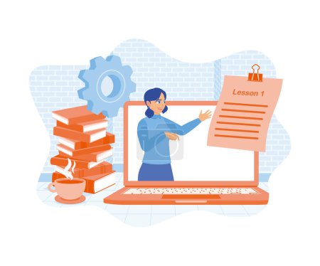 Distance education. A teacher gives lessons to his students via a laptop screen. Education concept. flat vector modern illustration
