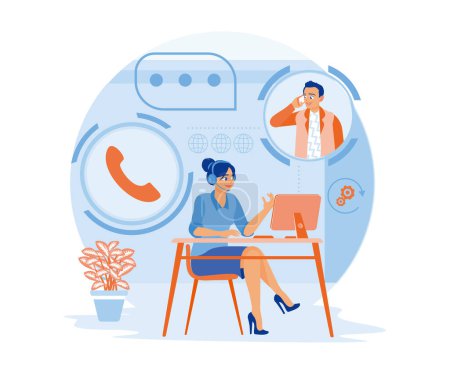 Illustration for A young woman using a headset is sitting in front of the computer. Accepting consultations from male clients. Woman with phone calling to customer support service concept. flat vector modern illustration - Royalty Free Image