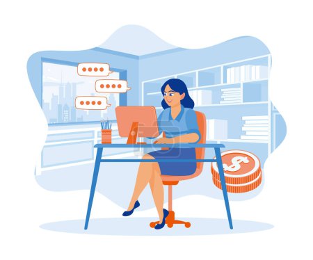 Accountants analyze company finances using computers. Sitting in front of document cupboard in modern office. Marketing concept. Flat vector illustration.