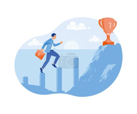 Businessman walking on graph. Reach the trophy at the top of the hill. Illustration Award. Success Business concept. Flat vector illustration.