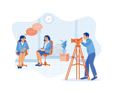 Illustration for The film crew team is filming in the studio. Cameraman shooting commercial with two female models. Film Production Concept. Flat vector illustration. - Royalty Free Image