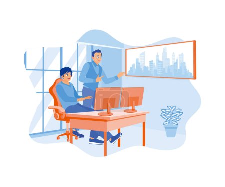 Illustration for The manager and electronics development engineer are discussing a new project in front of the computer. Using CAD software for modern industry. Software Developers concept. flat vector modern illustration - Royalty Free Image