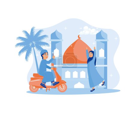 Téléchargez les illustrations : Les garçons font du scooter et jouent avec des feux d'artifice. Joyeuses filles, bienvenue au Ramadan. Ramadan Kareem et Ramadan Moubarak saluent le concept de design. illustration moderne vectorielle plate - en licence libre de droit