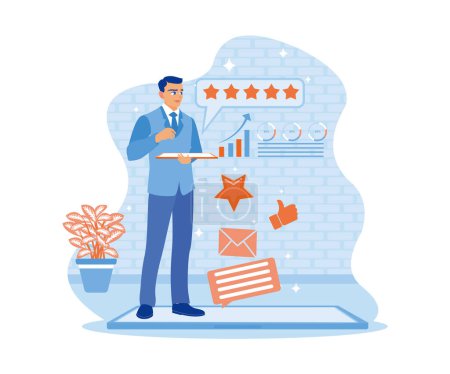 Illustration for Entrepreneurs provide reviews and feedback on company performance by giving five stars. Benchmarking concept. flat vector modern illustration - Royalty Free Image