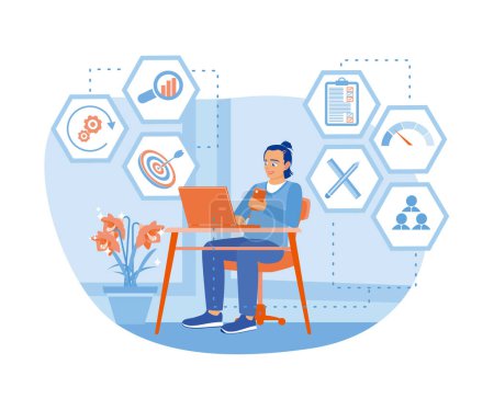 Illustration for Business people work using laptops and cell phones with benchmarking icons on the screen. Benchmarking concept. flat vector modern illustration - Royalty Free Image