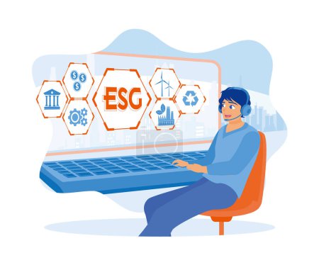 Téléchargez les illustrations : L'homme utilise des écouteurs et est assis devant l'ordinateur. L'homme d'affaires analyse l'ESG. Le concept d'icône ESG. illustration moderne vectorielle plate - en licence libre de droit