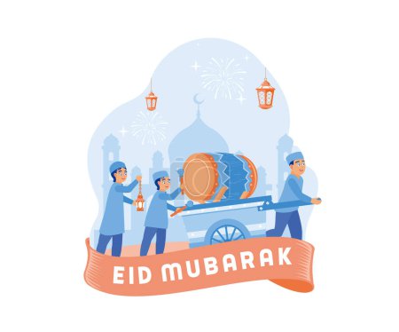 Muslim children, on the eve of Eid al Fitr, hold takbiran. They carry drums and lanterns and chant takbir around the village. Happy Eid Mubarak concept. flat vector modern illustration