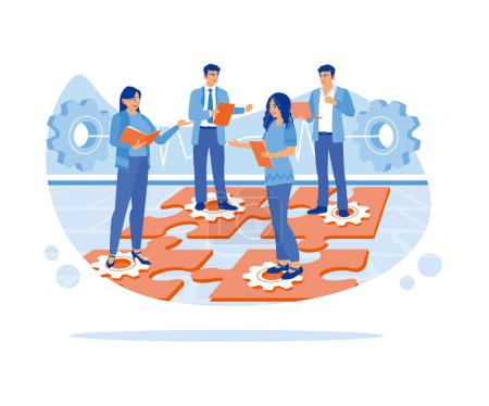 Fostering cooperation by groups to form teams. Newbie employee. Discussing goal thinking and puzzle infographic. Team communication. flat vector modern illustration