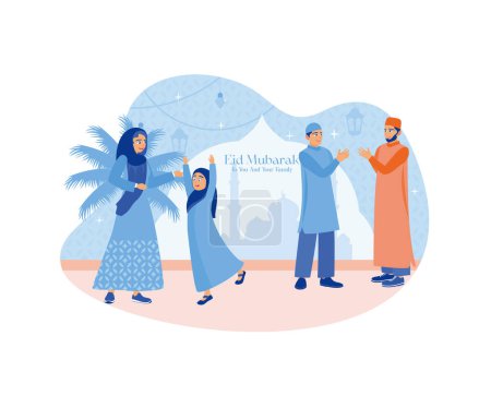 Zwei muslimische Männer grüßen einander. Mutter und kleine Tochter freuen sich auf den Urlaub. Ramadan Kareem Konzept. Flacher Vektor moderne Illustration.