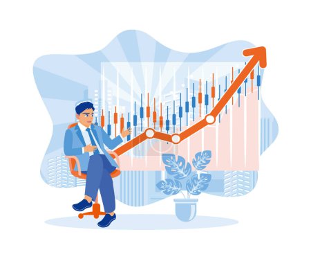 Illustration for Businessman analyzing stock market growth with rising candlestick chart. Business people make plans and strategies to invest in trading. Stock Trading concept. Flat vector illustration. - Royalty Free Image