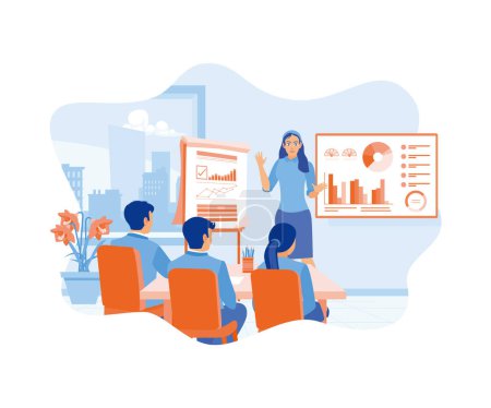Illustration for A female leader is holding a presentation meeting with the finance team. Financial growth graph on the projector screen. Business analysis concept. Flat vector illustration. - Royalty Free Image