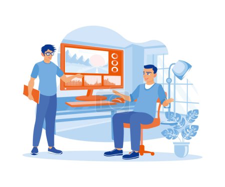 The producer and the man in glasses work together to edit a documentary or commercial video. Video Editor concept. Flat vector illustration.