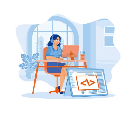Illustration for Young woman wearing headphones while working from home. Developing software on computers. Software developers concept. Flat vector illustration. - Royalty Free Image