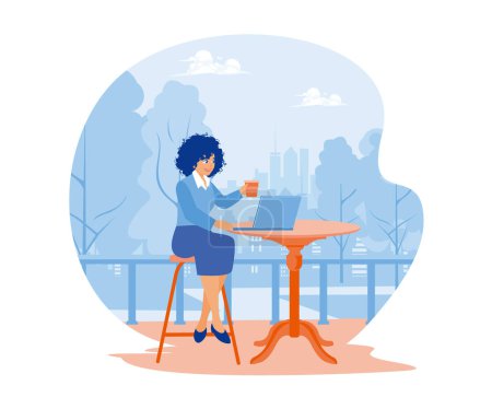 Téléchargez les illustrations : Femme aux cheveux bouclés assise à l'extérieur avec une tasse de café à la main. Joyeux jeune femme assise à l'extérieur avec un ordinateur portable et un café. Des amies souriantes qui boivent du thé à la maison. illustration moderne vectorielle plate - en licence libre de droit