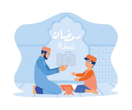 Ilustración de Padre e hijo están en la mezquita. Lean el Corán y oren juntos. Ramadan Kareem y Ramadan Mubarak saludan concepto de diseño. vector plano ilustración moderna - Imagen libre de derechos