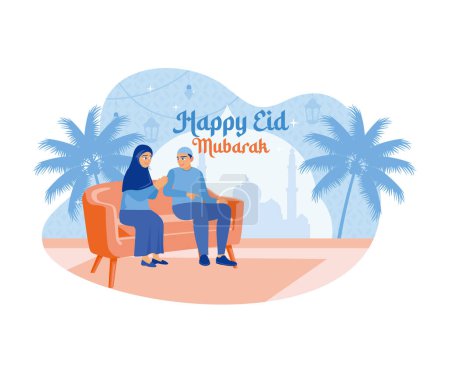 Muslim couple sitting on the sofa inside the house. Welcoming and celebrating Eid al Fitr happily. Happy Eid Mubarak concept. flat vector modern illustration