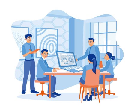 Illustration for A group of business people are using laptops during meetings. Work together on new business projects. Business people in office workplace concept. Flat vector illustration. - Royalty Free Image