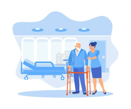 Illustration for The nurse helps an elderly patient practice walking using a 4 Leg Walking Stick. Elderly Patient concept. Flat vector illustration. - Royalty Free Image
