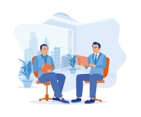 Mature businessman using laptop and notebook in office. Discussing business projects with colleagues. Digital business concept. Flat vector illustration.
