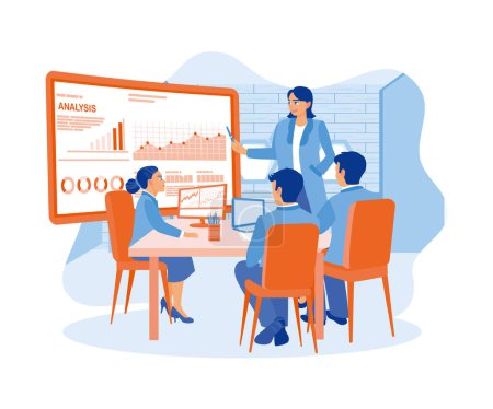 Illustration for A female chief analyst is holding a presentation with a team of economists in the office using a projector screen. Business analysis concept. Flat vector illustration. - Royalty Free Image