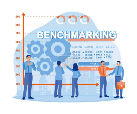 Illustration for The business team and colleagues analyze stock market developments on a virtual screen. Work together on a new project. Benchmarking concept. flat vector modern illustration - Royalty Free Image