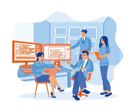 IT expert discusses with several colleagues in the office. Discusses the idea of developing software on a laptop computer. APP devs concept. Flat vector illustration