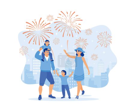 Illustration for New Year holidays. Happy family watching fireworks celebration. Family vacation. Celebration concept. Flat vector illustration. - Royalty Free Image