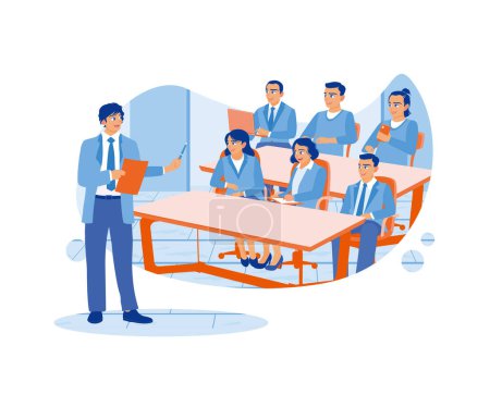Illustration for The male leader provides initial process guidance at a training session for employees. Selective focus. Students in the learning process. flat vector modern illustration - Royalty Free Image