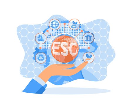 Illustration for Hand holding ESG icon and globe. World sustainable environment concept. Sustainable economic growth with renewable energy and natural resources concept.Flat vector illustration. - Royalty Free Image
