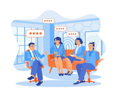 Illustration for A group of young entrepreneurs gathered in the office lobby. Young entrepreneurs are collaborating on a new project. Businessman in office workplace concept. Flat vector modern illustration - Royalty Free Image