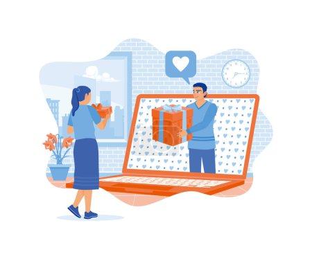 Illustration for Long distance relationships and virtual dating. Show each other gifts from the laptop screen. Virtual Relationships concept. Flat vector illustration. - Royalty Free Image