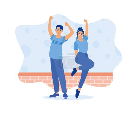 Ilustración de Feliz pareja joven bailando y saltando juntos. Celebrando la victoria en casa. Concepto de celebración. Ilustración vectorial plana. - Imagen libre de derechos