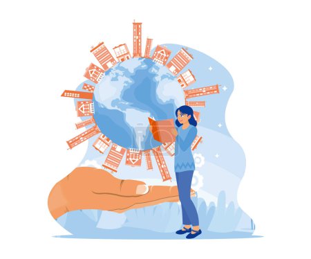 Illustration for Young woman standing while reading a book. Big hand holding a globe complete of multi-storey buildings and saving the planet concept. Trend Modern vector flat illustration - Royalty Free Image