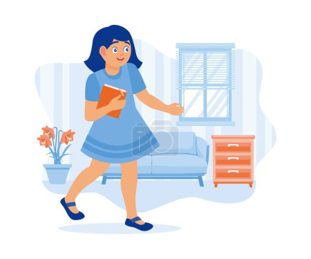 Illustration for A cheerful little girl carrying a book inside the house. Read storybooks to fill your free time. Childrens concept. flat vector modern illustration - Royalty Free Image