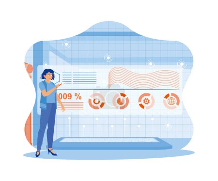 Young woman using laptop with modern graphic interface. Display profit graphs, business sales reports, and analyze the stock market. Business intelligence technology and big data concept. trend flat vector modern illustration