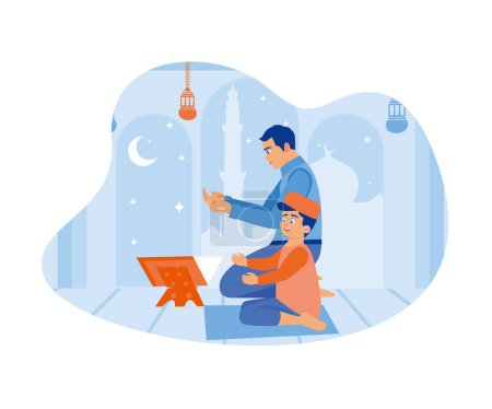 Illustration for Father and son are praying and reading the Quran inside the mosque. Muslim families pray together. Ramadan Kareem concept. Flat vector modern illustration. - Royalty Free Image